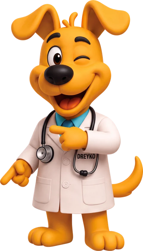 Dreyko, la mascota de Pharmisa, señalando las preguntas